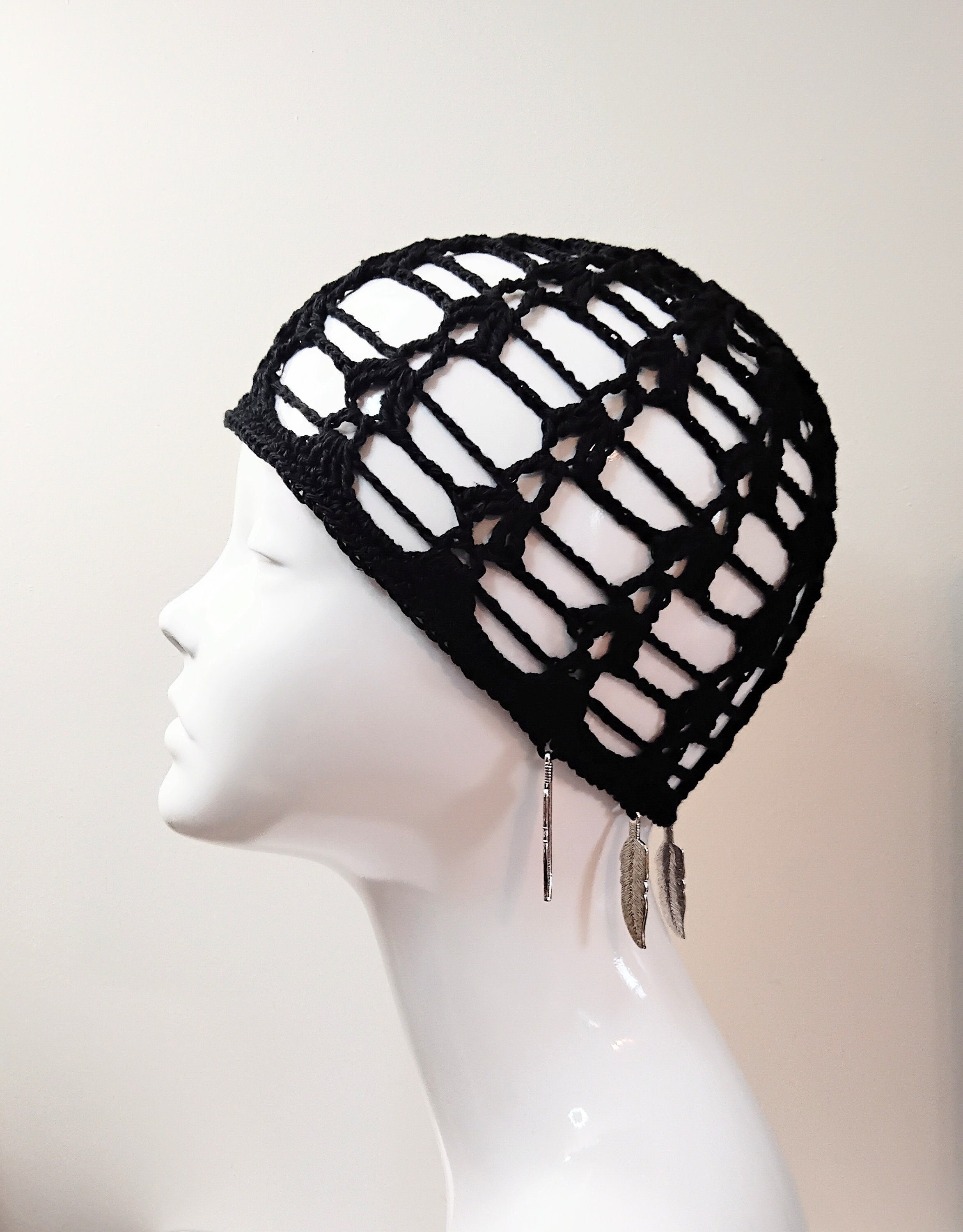 Black Crochet Web Mesh Skull Cap With Feather Charms, Stevie