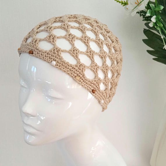 Crochet Square Mesh Skull Cap: Ecru Cotton Boho Beach Hat With