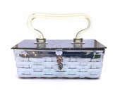 Vintage 1950s Mid Century Modern Dorset Rex Fifth Avenue, Silver Metal Basket Weave Box Purse, Grey Lucite Marble Top Clear Handle Bag