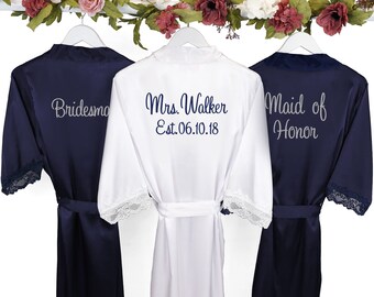 Bride Robe Bridesmaid Robes Personalized Embroidered Monogrammed Getty Ready Satin Kimono Lace Robe for Wedding-Bridesmaid Gifts Custom Robe