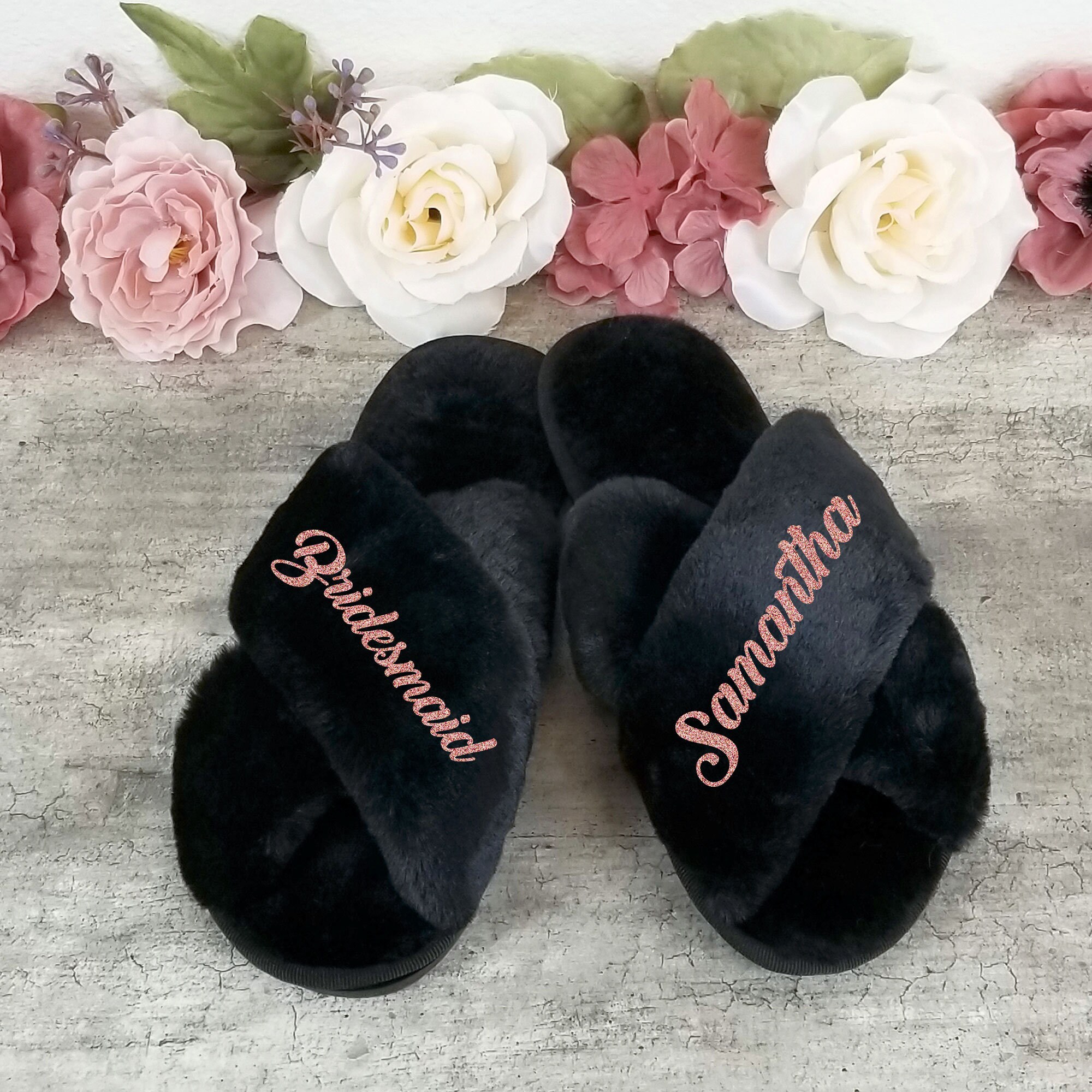 Black bridesmaid slippers 2025