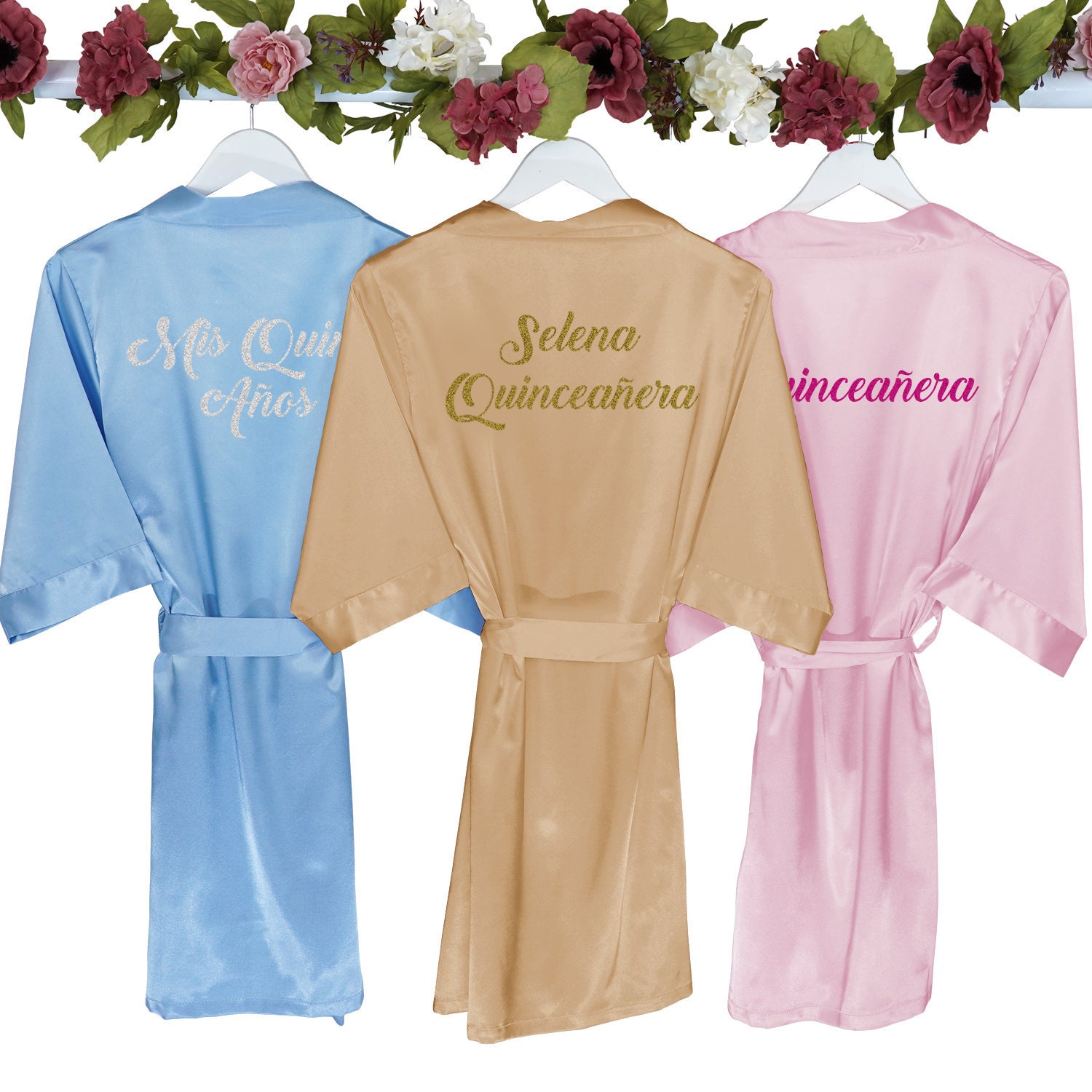 Quinceanera Satin Kimono Robe w/ Glitter, Personalized Quinceanera Ro…