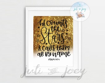 Psalm 147:4 Gold Glitter Christian Wall Art (Digital Download)