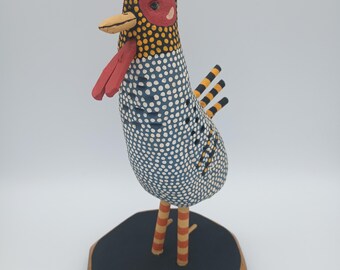 Hand-Painted Whimsical Folk Art Rooster: Blue with Meticulous White Dots