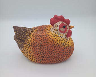 Hand Carved Folk Art Chicken: Painted Wood Kitchen Centerpiece