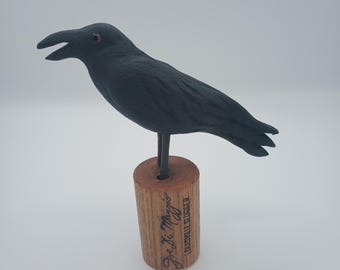 Crow Black Bird Hand Carved & Painted Folk Art Woodcarving on Baseball Bat Base