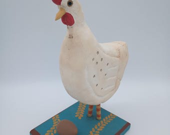 Hand Painted Woodcarving Rooster: Folk Art Chicken Decor
