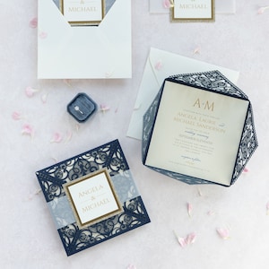 Navy Blue Laser Cut Invitations wedding birthday baptism dark blue elegant invitations