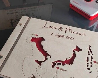 Libro degli ospiti di matrimonio personalizzato in legno con mappe dei paesi, Italia Germania, matrimonio di destinazione