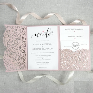 Laser cut wedding invitations DIY wedding invitations pink card with envelope