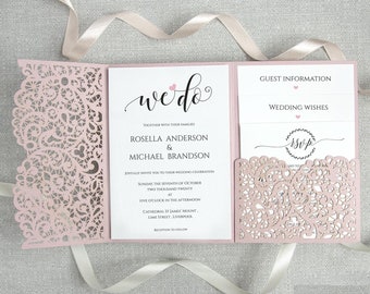 Laser cut wedding invitations DIY wedding invitations pink card with envelope