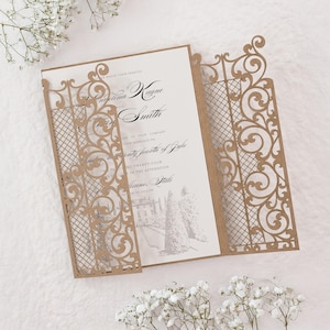 Gatefold Laser Cut Wedding Covers for Invitation, Romantic Wedding Invitations with Palace Gate, DIY Invitation for Princess Party
