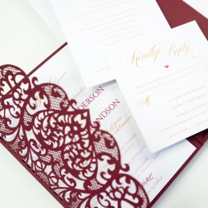 Découpe laser ouvrable Invitations de mariage DIY Participations de mariage Carte Bourgogne avec enveloppe