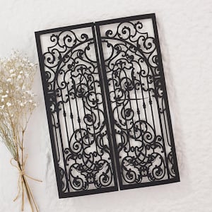 Black Laser Cut Ornamental Gatefold, Wedding Laser Cut Jacket for Gothic Invitation, Premium DIY Invitation with Ornamental Gate Motif