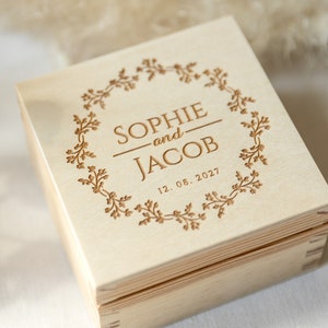Box for wedding rings, ring pillow, rustic wedding ring box, wooden box, heart, individually personalized box with engraving rustic floral