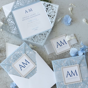 Convites de casamento em papel azul fosco com envelope, convites cortados a laser, convites faça você mesmo com impressão