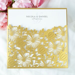 Golden wedding invitation laser cut flowers birthday, anniversary invitations