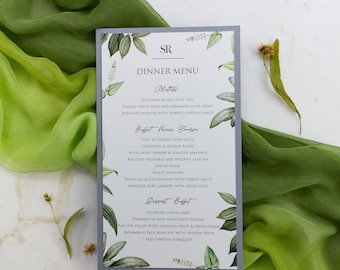 Menu Grey cards Card with green leaves Event menu Wedding decoration