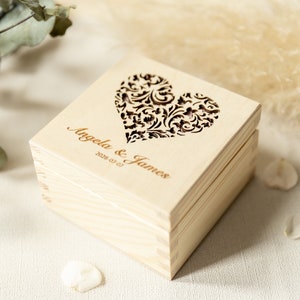 Box for wedding rings, ring pillow, rustic wedding ring box, wooden box, laser cut heart, individually personalized box with engraving