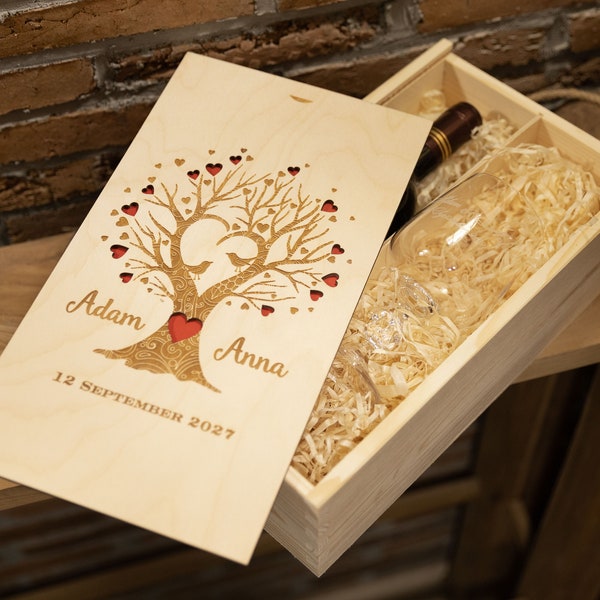 Wooden wine box + two glasses with engraving Personalized Anniversary Gift