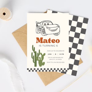 May include: A printable birthday invitation featuring a black and white line drawing of a red race car with a cactus illustration. The invitation says "Mateo is turning 6" and includes details for the party, including the date, time, and location.