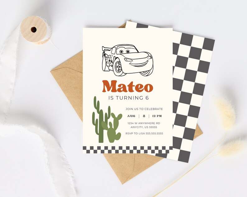 May include: A printable birthday invitation featuring a black and white line drawing of a red race car with a cactus illustration. The invitation says "Mateo is turning 6" and includes details for the party, including the date, time, and location.