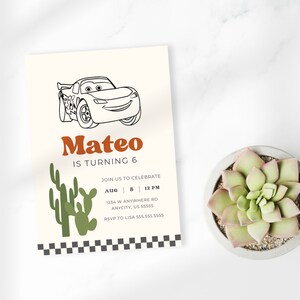 May include: A birthday invitation with a cartoon image of a red race car. The invitation is for Mateo's 6th birthday party. The text on the invitation reads "Mateo is turning 6. Join us to celebrate Aug 8 12 PM 1234 W Anywhere Rd AnvCity, US 55555 RSVP to Lisa 555.555.5555".