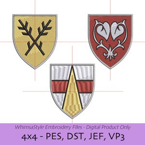 Könnte beinhalten: Drei gestickte Schilddesigns. Eines ist goldfarben mit schwarzen gekreuzten Ästen, ein anderes ist rot mit weißen Herzen, und das dritte ist rot, weiß und gold. Der Text unten lautet "WhimsaStyle Embroidery Files - Digital Product Only" und "4x4 - PES, DST, JEF, VP3".
