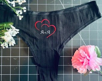 Custom Initial Monogram Heart Embroidered Thong Underwear Panty