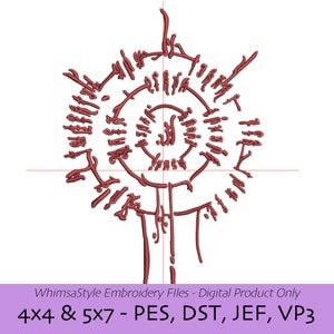 Pode incluir: Um design de bordado digital de um padrão circular com um caule central. O design é de cor marrom e está disponível nos tamanhos 4x4 e 5x7 polegadas. Os formatos de arquivo incluídos são PES, DST, JEF e VP3.