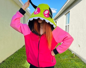 Handmade Alien Cartoon Hoodie – Embroidered Unisex Zip-Up Jacket, Retro Animation Sweatshirt, Cosplay Outfit, Gift for Fans