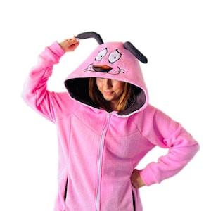 Pink Dog Cartoon Hoodie – Handmade Unisex Zip-Up Jacket, Retro Animation Sweatshirt, Perfect Gift for Classic Cartoon Fans and Collectors