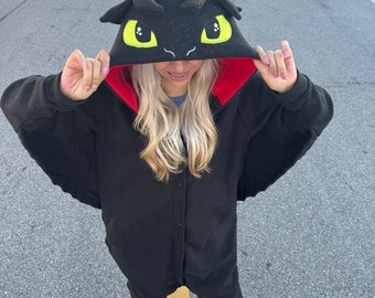 Schwarzer Drachen Fleece Kigurumi Schlafanzug, Cosplay Loungewear, Cosplay, paar Pijama, Familien Pijama, Geschenk