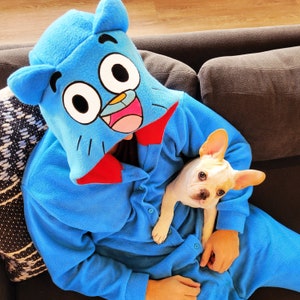 blue cat Kigurumi Pajamas, Ultra-Soft Fleece for Loungewear, gumball Cosplay and Sleepwear,Fun Animal & Character Designs