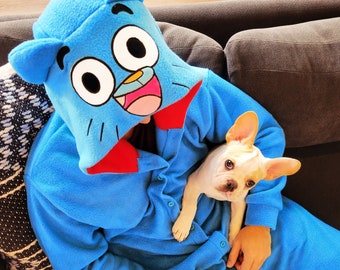 blue cat Kigurumi Pajamas, Ultra-Soft Fleece for Loungewear, gumball Cosplay and Sleepwear,Fun Animal & Character Designs