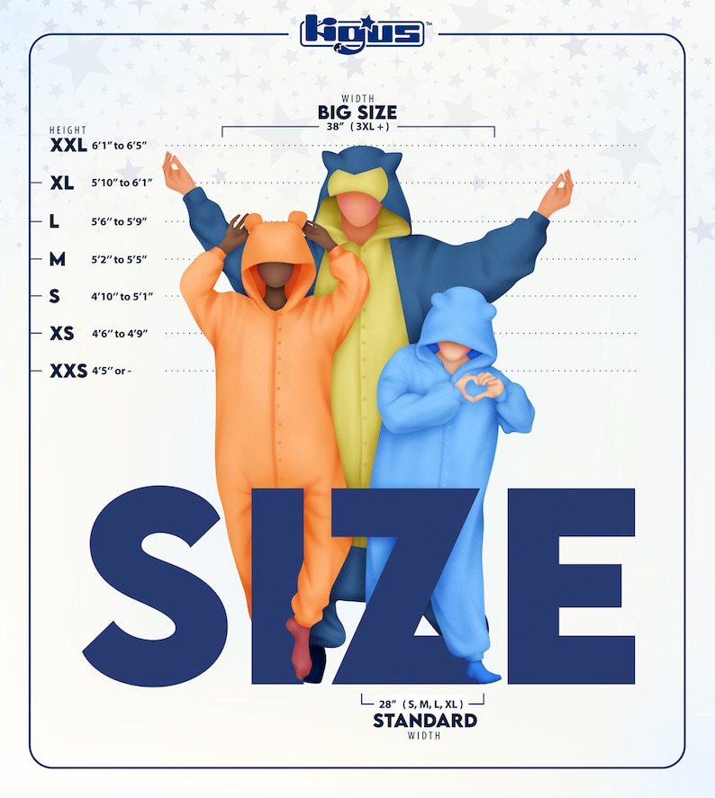 Puede incluir: Ilustraci&oacute;n de tres personas con pijamas de una pieza con tem&aacute;tica de animales en naranja, amarillo y azul. La imagen incluye tablas de tallas para altura y ancho, con el texto "SIZE" en un lugar destacado. El ancho es de 96.5 cm (3XL+).