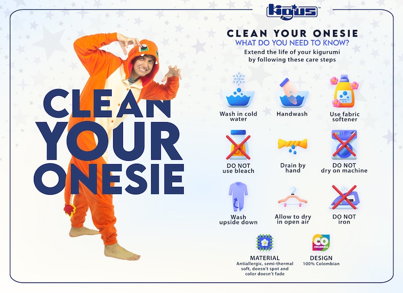 Puede incluir: Imagen de un kigurumi naranja con un dise&ntilde;o de personaje de dibujos animados con instrucciones de cuidado. El texto "CLEAN YOUR ONESIE" es prominente. Las instrucciones incluyen lavar en agua fr&iacute;a, lavar a mano y usar suavizante.