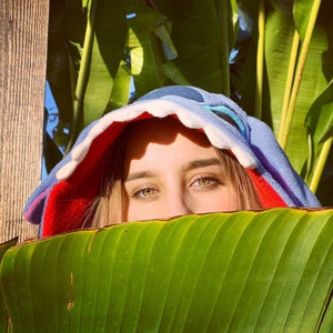 Puede incluir: Una persona lleva una sudadera con capucha azul y roja con un gran dise&ntilde;o de diente blanco. La persona est&aacute; parcialmente oculta detr&aacute;s de una gran hoja verde.