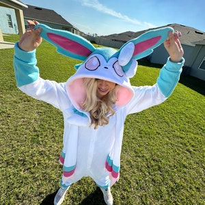 shiny Blue Ribbon Fox Kigurumi Pajamas – Ultra-Soft Fleece for Loungewear, Cosplay and Sleepwear | Mystical Creature Design