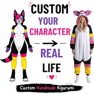 Puede incluir: Imagen que muestra un personaje de dibujos animados y una persona con un kigurumi personalizado. El texto dice "CUSTOM YOUR CHARACTER REAL LIFE" con "Custom Handmade Kigurumi" debajo. El kigurumi es blanco, negro, amarillo, rosa y morado.