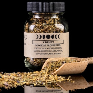 FLOR DE HOJA VIOLETA - Frasco de hierbas para hechizos de brujería - Curiosidades de boticario