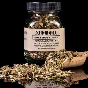 Puede incluir: Un frasco de vidrio transparente con tapa negra, lleno de hojas de tusílago secas. La etiqueta dice "COLTSFOOT LEAF" y enumera propiedades mágicas. Una cuchara de madera y un montón de hojas de tusílago están junto al frasco.