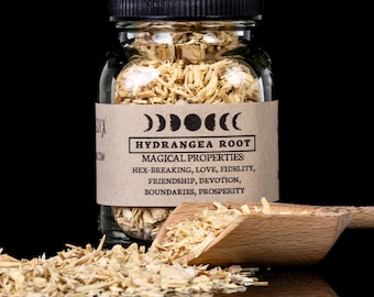 May include: A clear glass jar filled with dried hydrangea root, labeled with "HYDRANGEA ROOT" and "MAGICAL PROPERTIES." A wooden scoop and scattered root pieces are in front of the jar. The background is black.