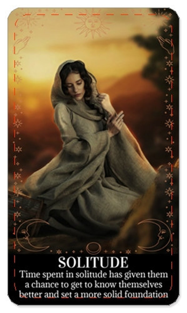 May include: A woman in a long, flowing robe sits in a field at sunset. The text "SOLITUDE" is at the bottom of the image. The text below reads "Time spent in solitude has given them a chance to get to know themselves better and set a more solid foundation."