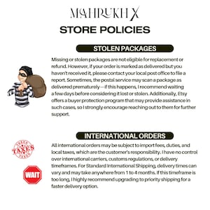 May include: A graphic with the text "MAHRUKH X STORE POLICIES" in black text on a white background. The graphic includes two sections: "STOLEN PACKAGES" and "INTERNATIONAL ORDERS". The "STOLEN PACKAGES" section includes an illustration of a person in a striped shirt and a black mask holding a bag. The "INTERNATIONAL ORDERS" section includes a red circle with the word "WAIT" in white text.
