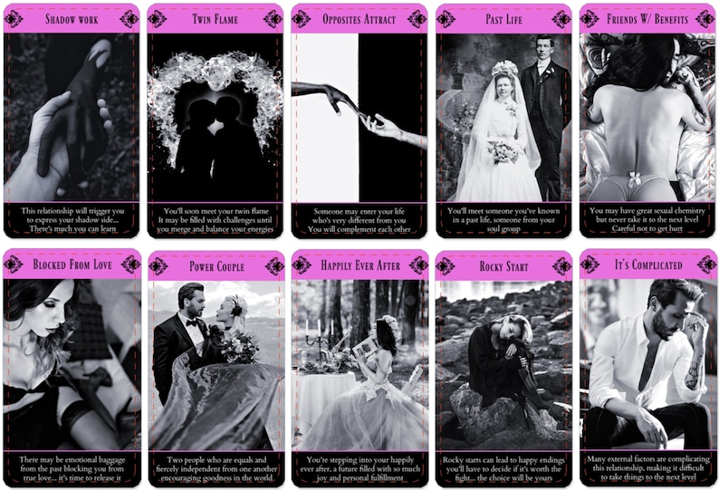 Pode incluir: Um conjunto de dez cartas de tar&ocirc; rosa com imagens e texto em preto e branco. As cartas apresentam diferentes temas de amor, como trabalho de sombra, chama g&ecirc;mea, opostos se atraem, vida passada, amigos com benef&iacute;cios, bloqueado do amor, casal poderoso, felizes para sempre, come&ccedil;o dif&iacute;cil e &eacute; complicado.