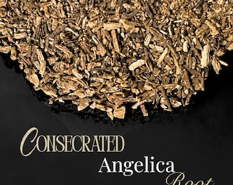 May include: A pile of dried, light brown, chopped Angelica root pieces with a fibrous texture. Below the root, the text reads "CONSECRATED Angelica Root" in a cream-colored serif font against a solid black background.