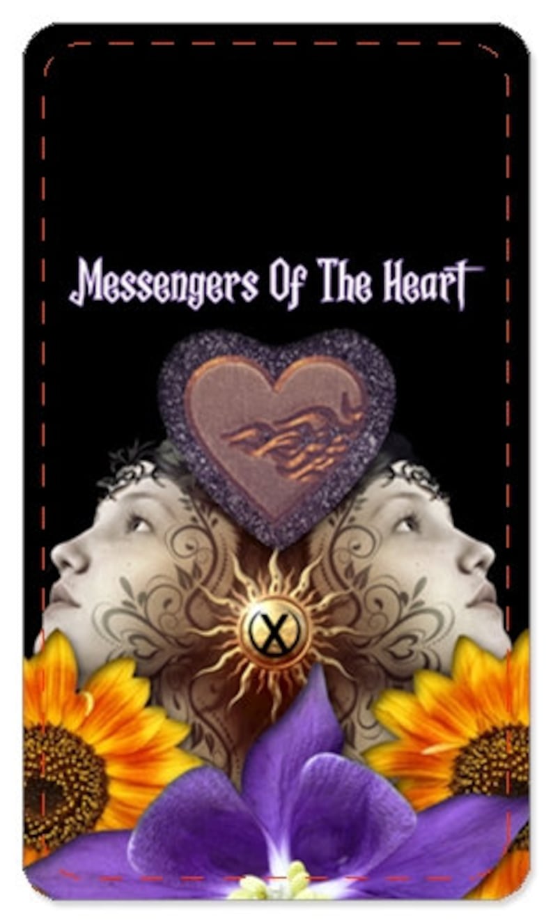 May include: A tarot card featuring a purple heart, two faces, and a sun with an X in the centre. The card is surrounded by sunflowers and purple flowers. The text "Messengers Of The Heart" is at the top of the card.