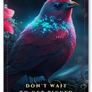 May include: A digital art print featuring a vibrant bird with red, purple, and blue hues, perched on a branch. The image includes the text "DON'T WAIT TO GET PICKED" and an inspirational message about self-reliance.