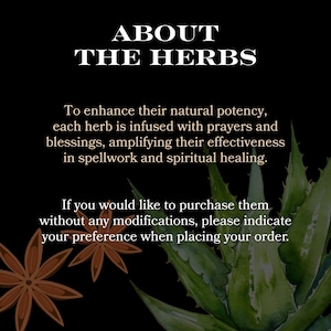 Peut inclure: Fond noir avec le texte "&Agrave; PROPOS DES HERBES". Le texte d&eacute;crit que les herbes sont infus&eacute;es de pri&egrave;res et de b&eacute;n&eacute;dictions. L'image pr&eacute;sente &eacute;galement des illustrations d'anis &eacute;toil&eacute; et d'aloe vera.